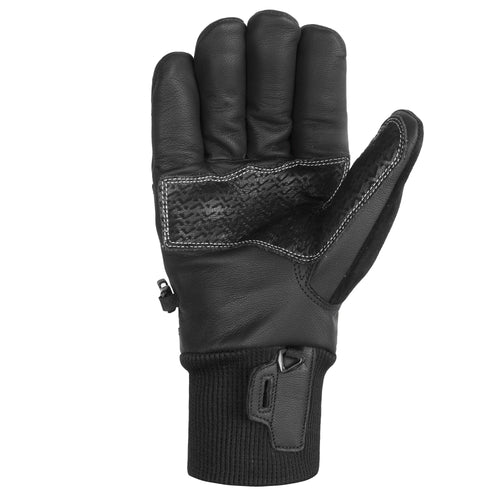 TRUCK M1 PRO black leather ski glove, palm up, white stitching, textured grip, knit cuff