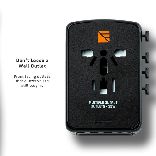 Int'l Wall Adapter by Dark Energy, black universal travel adapter with multiple front-facing outlets, 35W