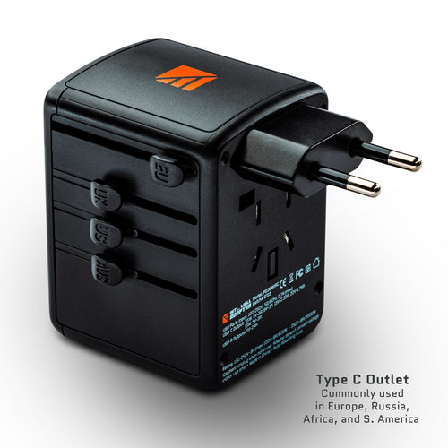 Dark Energy international wall adapter with Type C plug, universal power outlet & USB ports