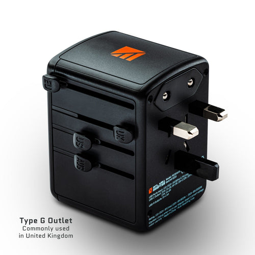 Dark Energy Int'l Wall Adapter, black universal travel adapter with retractable EU, US/AUS, UK plugs & USB ports
