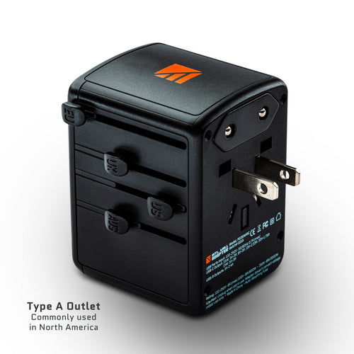Dark Energy Int'l Wall Adapter, black universal travel adapter with US plug extended