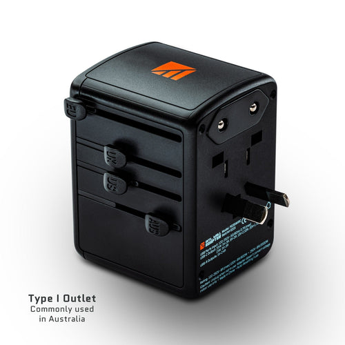Dark Energy Int'l Wall Adapter, black universal travel charger with EU, UK, US, AUS plugs and USB-C/A ports