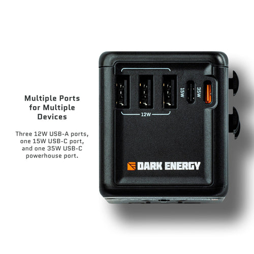 Int'l Wall Adapter by Dark Energy, black with three 12W USB-A, one 15W USB-C, and one 35W USB-C port