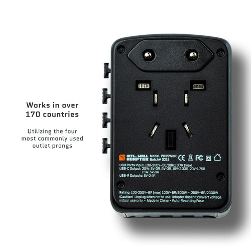 Dark Energy Int'l Wall Adapter, black international travel adapter with universal outlets, USB-C/A ports, retractable country prongs