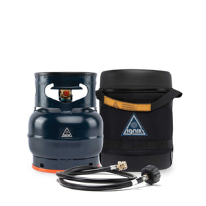 Ignik Gas Growler 3.8 Deluxe, a dark blue propane tank for outdoor heat, with black insulated case and hose