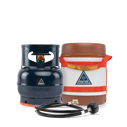 Ignik Gas Growler 3.8 Deluxe outdoor kit with dark blue propane tank, insulated carrier, and hose