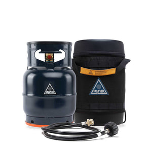 Ignik Outdoors Gas Growler 5.0 Deluxe kit: dark blue propane tank, black carry bag, and connecting hose