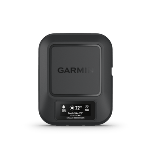 Dark gray Garmin inReach Messenger satellite communicator showing weather, battery, and device name