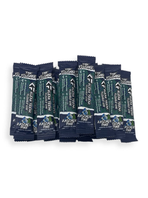 The Flusher 100-pack flushable wipes by Klean Freak, Kaskade Pine essential oil scent, individually packaged