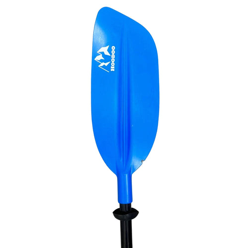 Hoodoo Kayak Paddle, blue blade with white Hoodoo logo and black shaft
