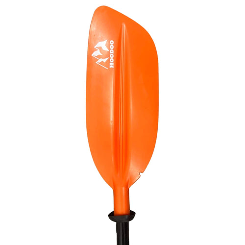Hoodoo Kayak Paddle, single orange paddle with Hoodoo mountain logo