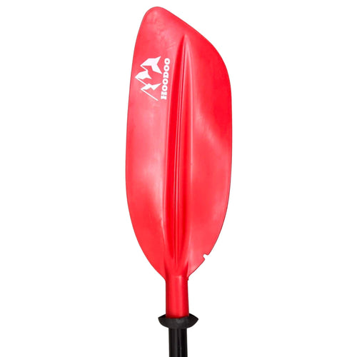 Hoodoo Kayak Paddle featuring a bright red blade with the white Hoodoo logo and a black shaft