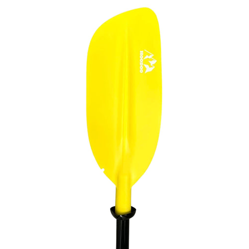 Hoodoo Kayak Paddle with bright yellow blade, white mountain logo, and black shaft, essential kayaking gear