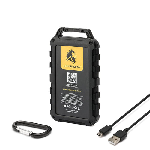 Lion Cub rugged power bank by Lion Energy, 10000mAh portable charger with USB-C cables and carabiner