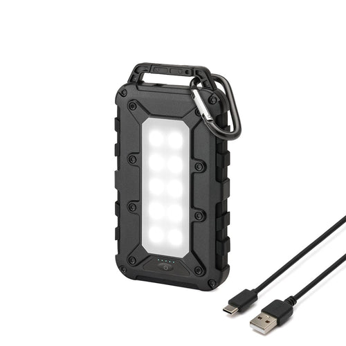 Lion Cub rugged black portable power bank with bright LED lantern and USB charging cables