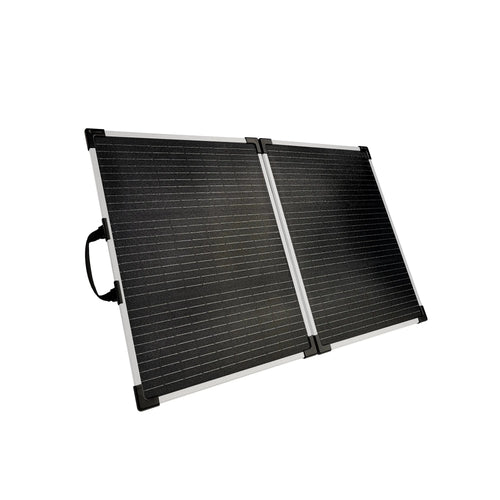 100W LW Solar Panel 12V by Lion Energy Staging, black folding portable solar panel with silver frame and handle