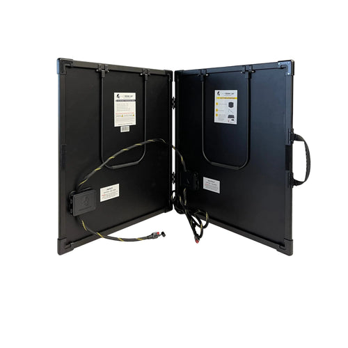 Lion Energy 100W LW solar panel 24V, black, partially open, showing cables and handle, portable