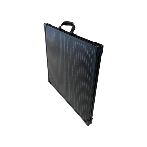 100W LW Solar Panel 24V, black foldable design with textured cells and carrying handle
