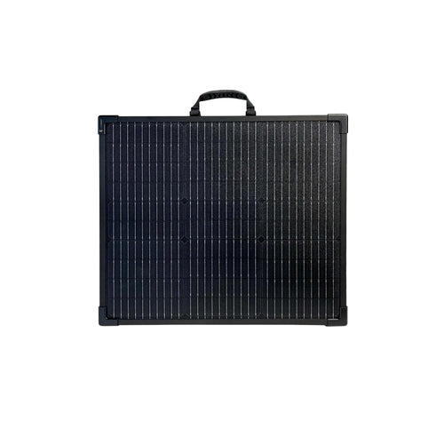 100W LW Solar Panel 24V by Lion Energy, a black portable folding solar charger with handle