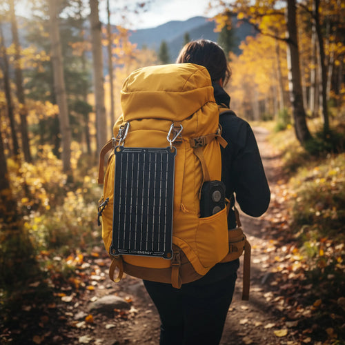 Lion Eclipse Mag portable solar panel from Lion Energy attached to a yellow backpack, person hiking