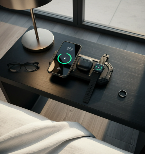 Lion Eclipse Mag 3-in-1 magnetic wireless charger powering a phone, earbuds, and watch on a bedside table