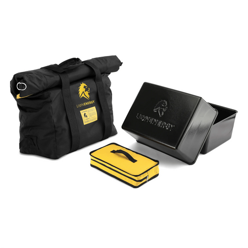 Mil-Spec EMP Bag from Lion Energy Staging, black roll-top Faraday bag, hard case, and yellow pouch for EMP protection