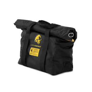 Mil-Spec EMP Bag, black roll-top Faraday bag by Lion Energy Staging with yellow logo and MIL-SPEC shielding warning