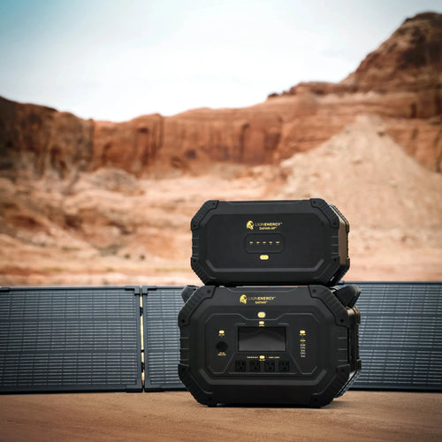 Lion Safari portable power stations by Lion Energy Staging with solar panels in desert