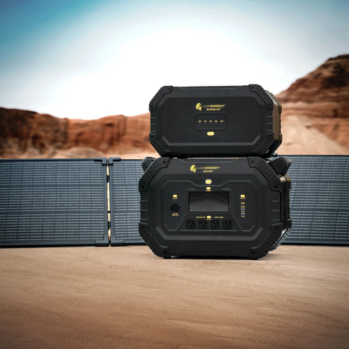 Lion Energy Safari XP Expansion Pack and Safari portable power stations, solar panels, desert