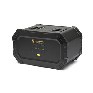 Lion Safari XP Expansion Pack, a black rugged portable power station with top handles and LED battery indicators