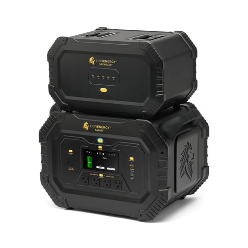 Lion Energy Safari portable power stations, two stacked black units with digital display and power outputs