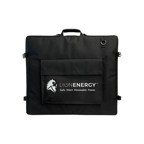 Lion Energy 100W LW Solar Panel 24V, a black portable foldable solar charger with front pocket and handle