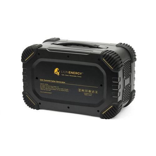 Lion Energy Staging Lion Summit portable solar generator, black rugged power station with yellow accents