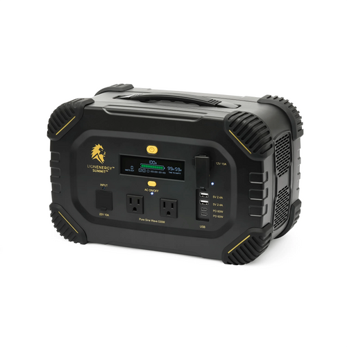 Lion Summit portable power station, black with yellow details, display, AC, DC, and USB outlets