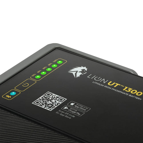 Lion Energy UT 1300 BT-H smart lithium battery showing full charge and Bluetooth connectivity