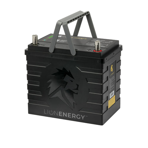 Lion Energy UT 1300 BT-H black lithium ion battery, with a gray carry handle and prominent terminals
