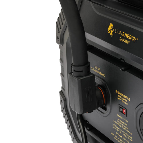 Lion Safari XP Expansion Pack with cable connection, displaying solar charge input & power output specs