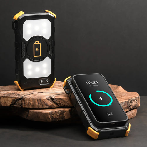 Lion Prowler emergency power bank with LED lantern and device charger, shown on wood