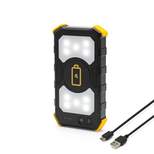 Lion Prowler rugged portable power bank with integrated LED light and charging cable