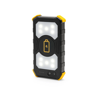 Lion Prowler portable power bank and emergency lantern, black with yellow accents, featuring LED lights and battery logo