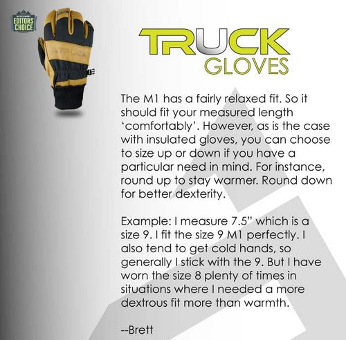 Editor's Choice TRUCK M1 insulated black and tan gloves, with sizing guide
