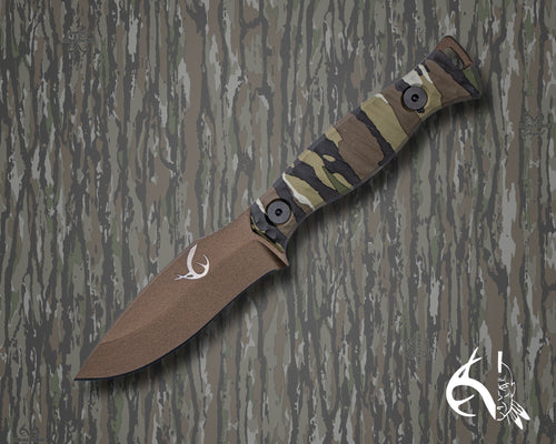 Half Face Blades The 86' fixed blade knife, Midnight Bronze Cerakote blade, Realtree Original camo handle