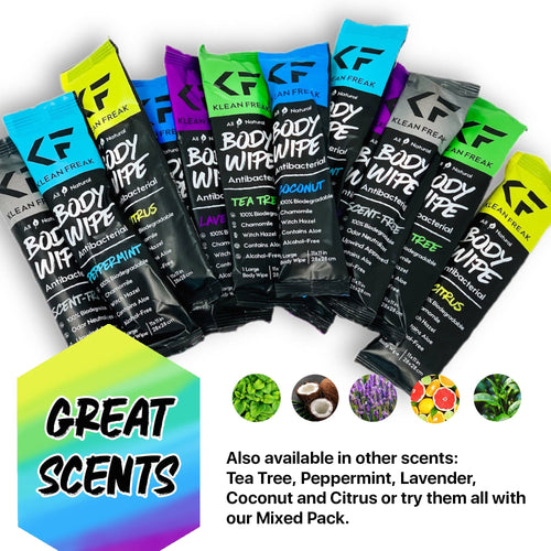 Klean Freak antibacterial body wipe 12-pack, displaying assorted scent packets and natural ingredients