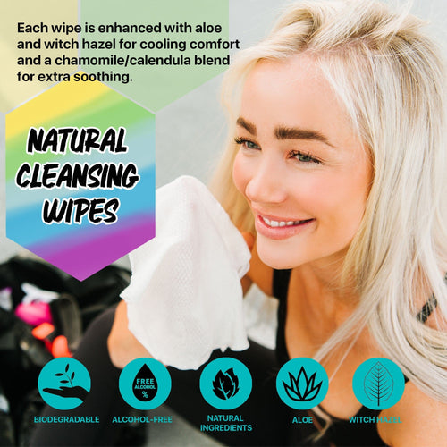 Klean Freak Body Wipes: smiling woman uses natural, alcohol-free cleansing wipes with aloe & witch hazel