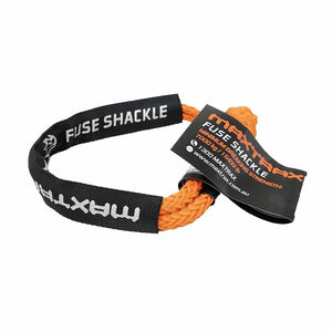 MAXTRAX Fuse Shackle, orange soft recovery shackle with black protective sleeve and product tag showing strength