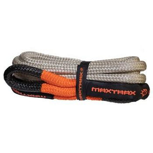 MAXTRAX Kinetic Rope, a folded gray and orange braided off-road recovery rope with black ends and MAXTRAX logo