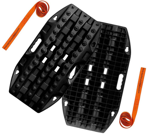 MAXTRAX Mini + JaxBase Combo: two black off-road recovery boards (one lugged, one grid) with two orange MAXTRAX straps