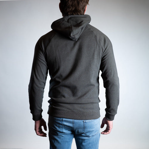 Normal Brand X Uncharted Hoodie, men's dark grey raglan hoodie with ribbed cuffs and hem, view from back