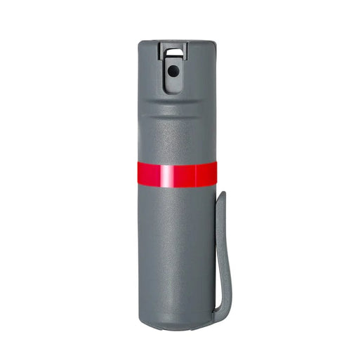POM Pepper Spray, compact grey canister with red band and clip for personal protection
