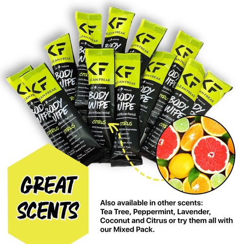 Klean Freak Body Wipes 12-pack, citrus antibacterial and biodegradable wipes, shown with slices of grapefruit, orange, and lemon